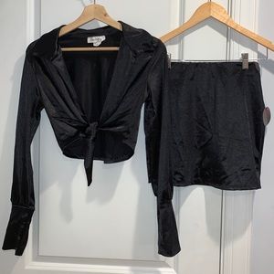 Two piece skirt satin set in black